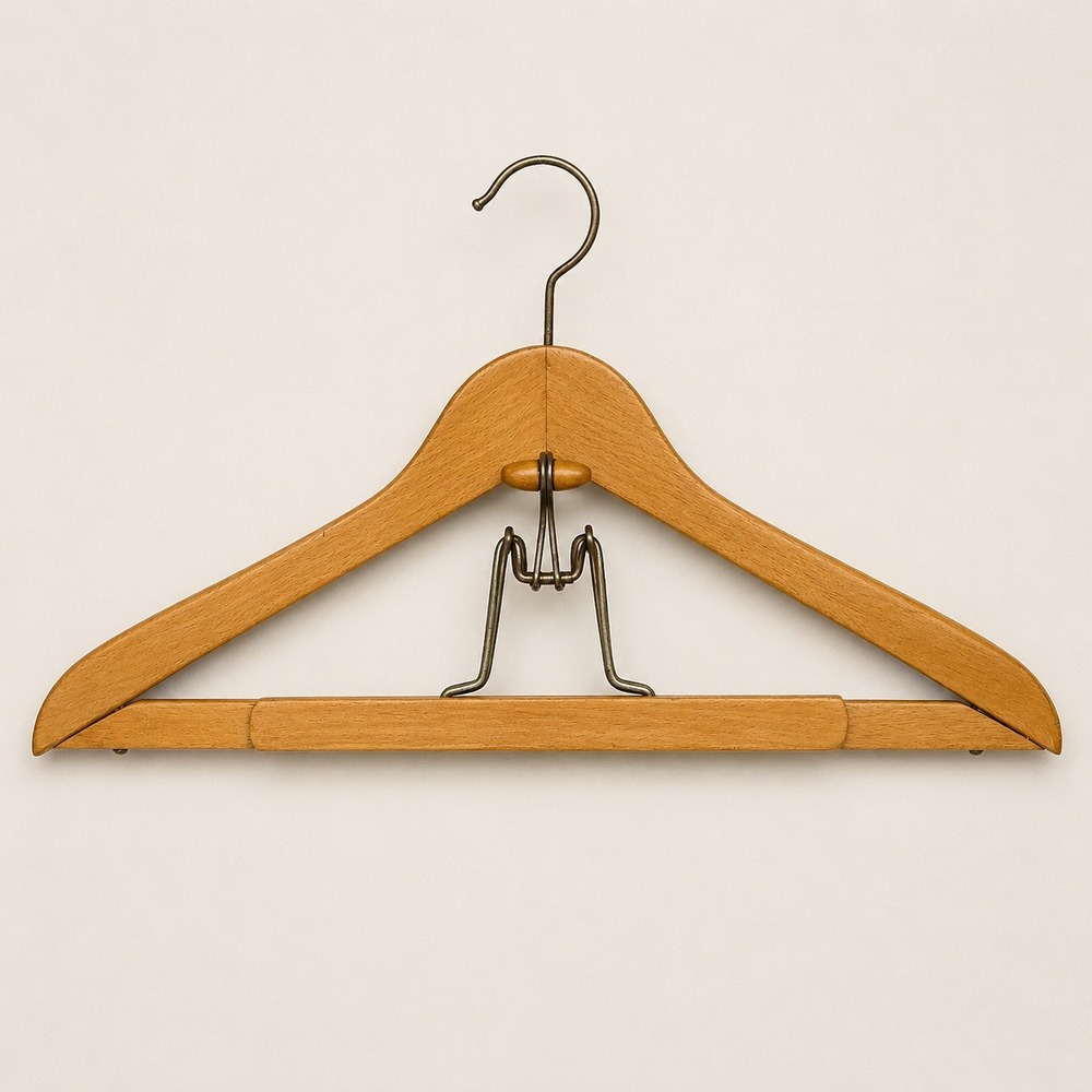 Vintage Wooden Suit Hanger with Spring Tension Trouser Bar Honey Brown Wood